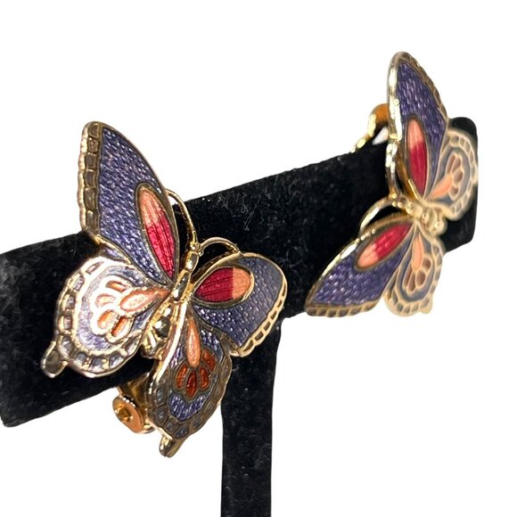Vtg Cloisonne Butterfly Clip On Earrings Purple Red Enamel Inlaid Bug Goldtone - Picture 3 of 7